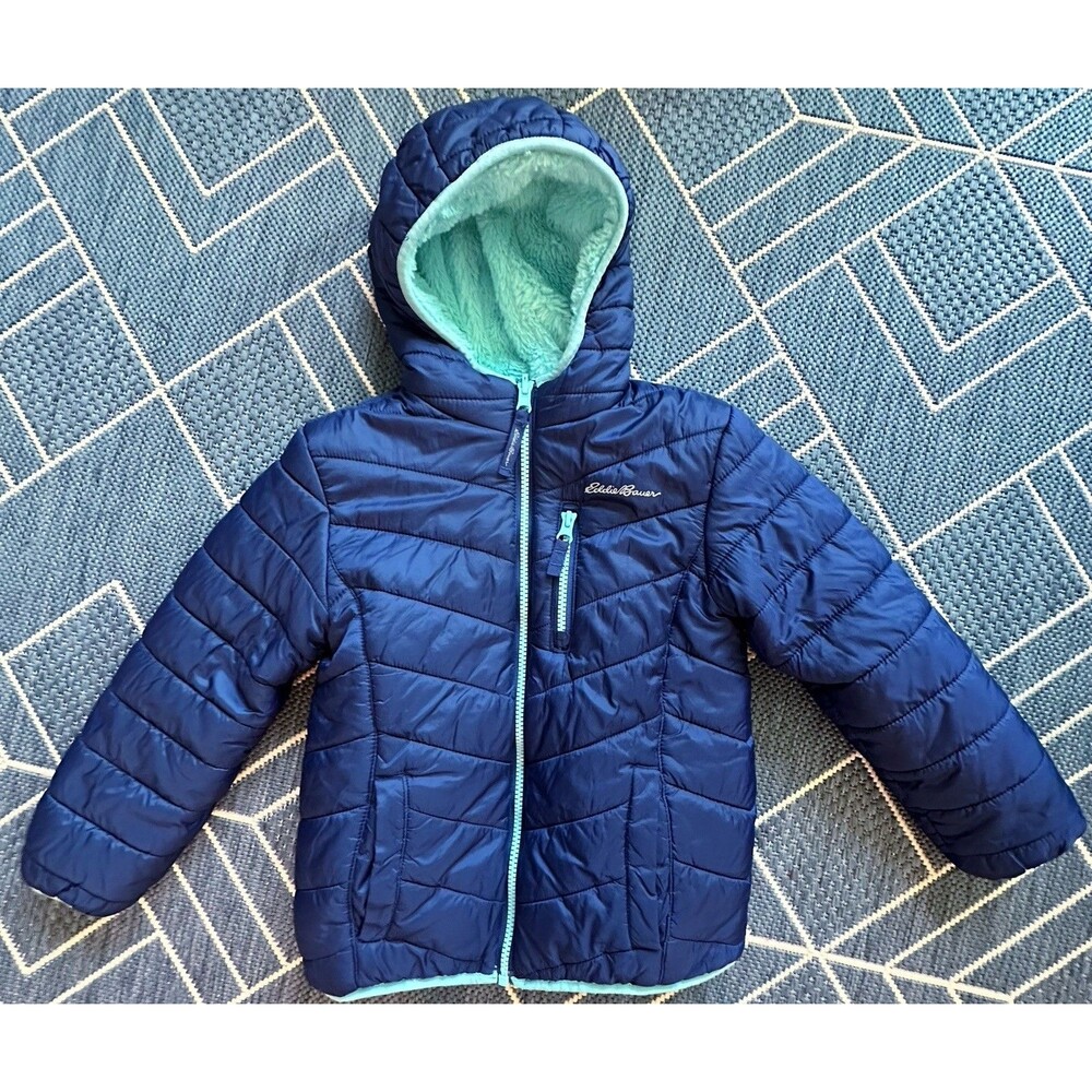 Eddie Bauer Kids Deer Harbor Reversible Hooded Puffer Jacket Navy Mint XS 5/6